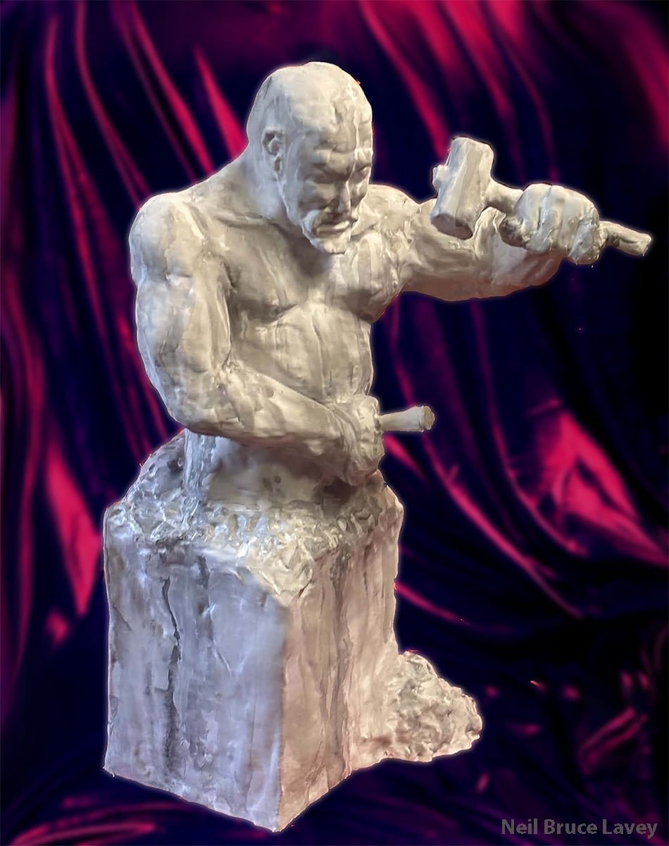 Finished large-format 3D printed sculpture of a bearded figure with a hammer and chisel, rising from a stone block