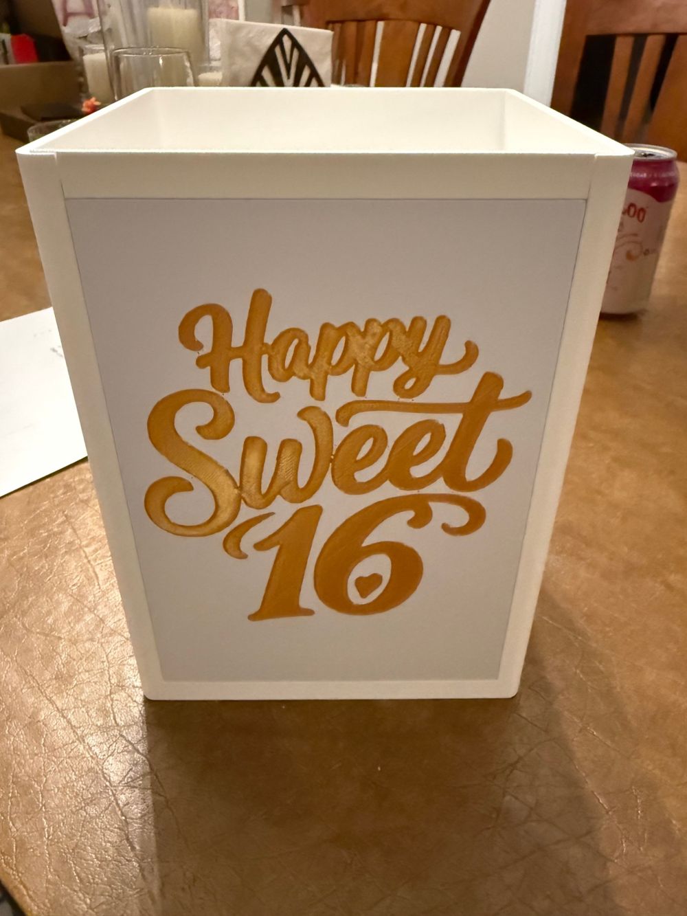 White 3D printed Sweet 16 box with raised gold script lettering
